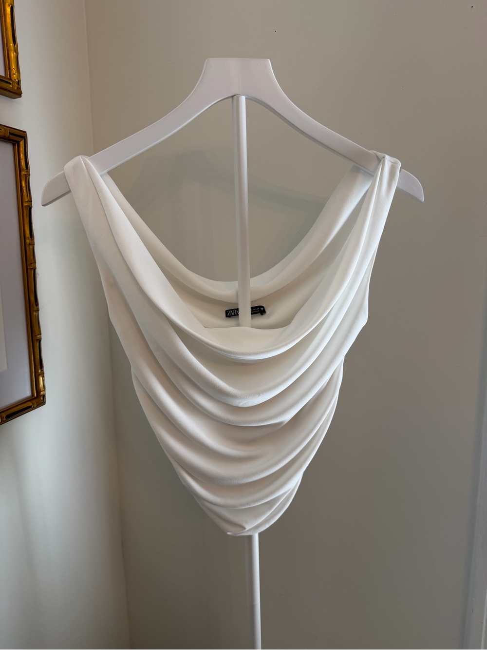 Zara White Draped Cowl Neck Top